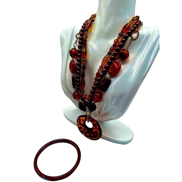 Vintage Multi-Layer Brown Beaded Necklace & Bangle Set  Boho Chic Amber N62 - Picture 4 of 6